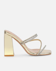 Ferne Gold Mirror Diamante Block Heeled Sandals