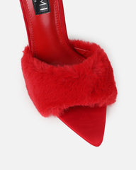Fantazia Red Satin Faux Fur Stiletto Mules
