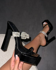 Syd Black Patent Diamante Buckle Platform Mules