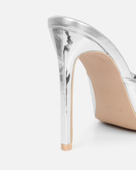 Halima Silver Metallic Bow Detailed Heeled Mules