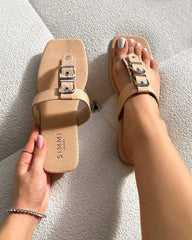 Harlowe Nude Snake Buckle Detail Flat Sandals