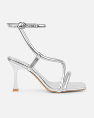 Hazal Silver Metallic Mid Heeled Sandals