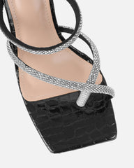 Heera Black Faux Croc Patent Block Heels