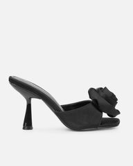 Emberley Black Satin Flower Heeled Sandals
