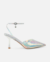 Jazzlyn Clear Silver Iridescent Diamante Mid Heeled Court Shoes