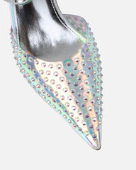 Jazzlyn Clear Silver Iridescent Diamante Mid Heeled Court Shoes