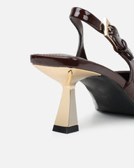 June chocolate brown patent low sling back court shoes
