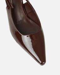 June chocolate brown patent low sling back court shoes