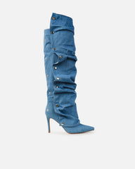Kaii Blue Denim Popper Detail Knee High Boots