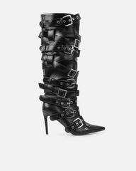 Lucian Black Strappy Buckle Stiletto Boots