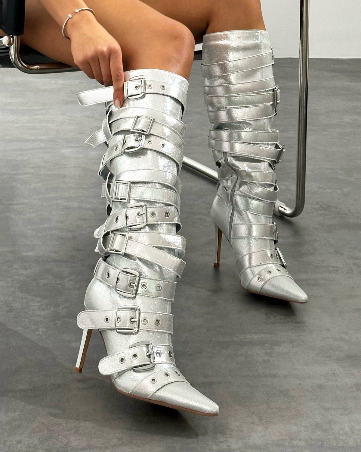 Lucian Silver Glitter Strappy Buckle Stiletto Boots