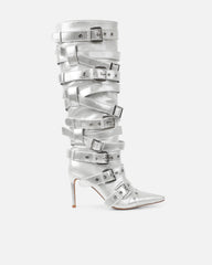 Lucian Silver Glitter Strappy Buckle Stiletto Boots