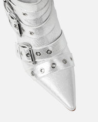 Lucian Silver Glitter Strappy Buckle Stiletto Boots