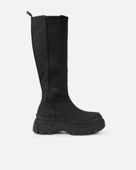 Kruse Black Rubberised Flat Chunky Knee High Boots
