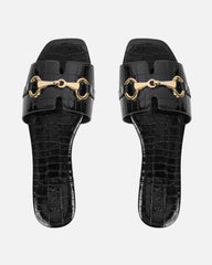 Lavinia Black Croc Snaffle Trim Flat Sandals