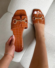 Lavinia Tan Croc Snaffle Trim Flat Sandals