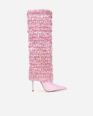 Harrie Pink Satin Ruched Stiletto Knee High Boots