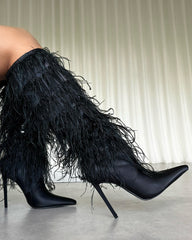 Marcos Black Satin Fluffy Stiletto Knee High Boots