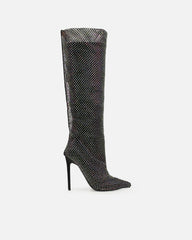 Murphy Black Satin Diamante Fishnet Knee High Boots