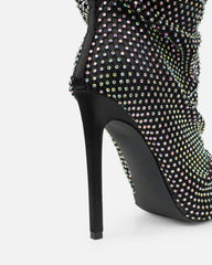 Murphy Black Satin Diamante Fishnet Knee High Boots