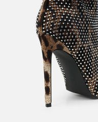 Murphy Faux Leopard Print Satin Diamante Fishnet Knee High Boots