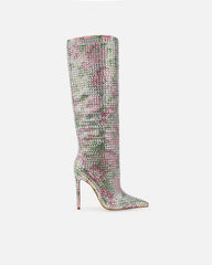Seb Pink Floral Pattern Diamante Knee High Boots