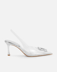 Laylin Clear Silver Mirror Diamante Sling Back Court Shoes