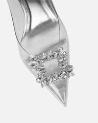 Laylin Clear Silver Mirror Diamante Sling Back Court Shoes