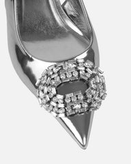 Lilliani Silver Mirror Diamante Trim Sling Back Court Shoes