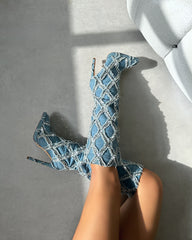 Bobby Denim Blue Diamante Knee High Boots