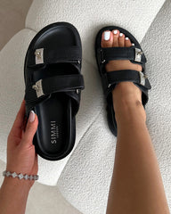 Liaa Black Diamante Buckle Textured Slider Sandals