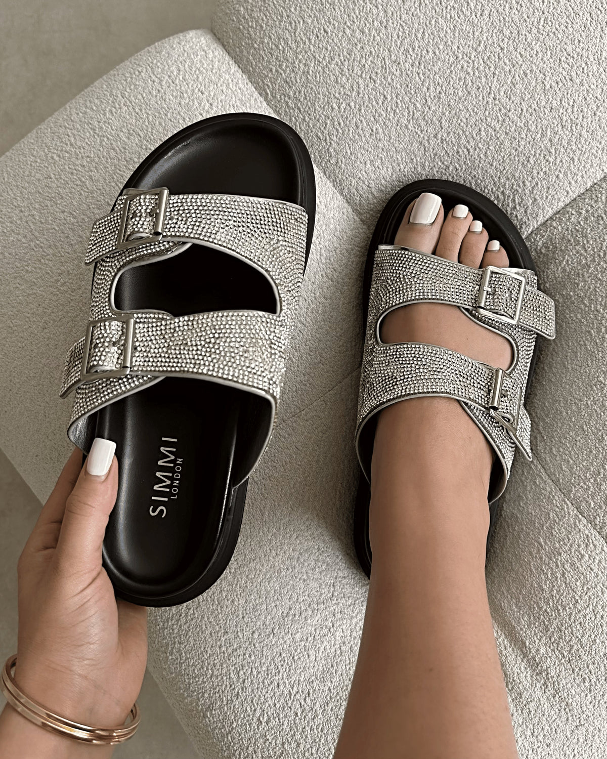 Lynn Silver Diamante Double Strap Slider Sandals