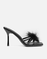 Macy Black Satin Fluffy Mules