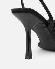 Quartz Black Satin Corsage Flower Heeled Sandals