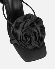 Quartz Black Satin Corsage Flower Heeled Sandals