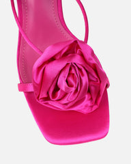 Quartz Fuchsia Satin Corsage Flower Heeled Sandals