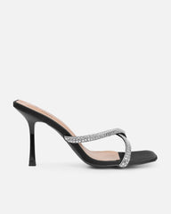 Aubriella Black Satin Diamante Mule Heeled Sandals