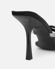 Aubriella Black Satin Diamante Mule Heeled Sandals