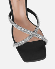Aubriella Black Satin Diamante Mule Heeled Sandals