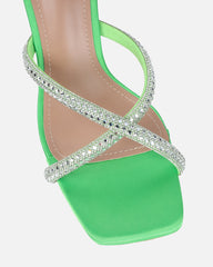 Aubriella Green Satin Diamante Mule Heeled Sandals
