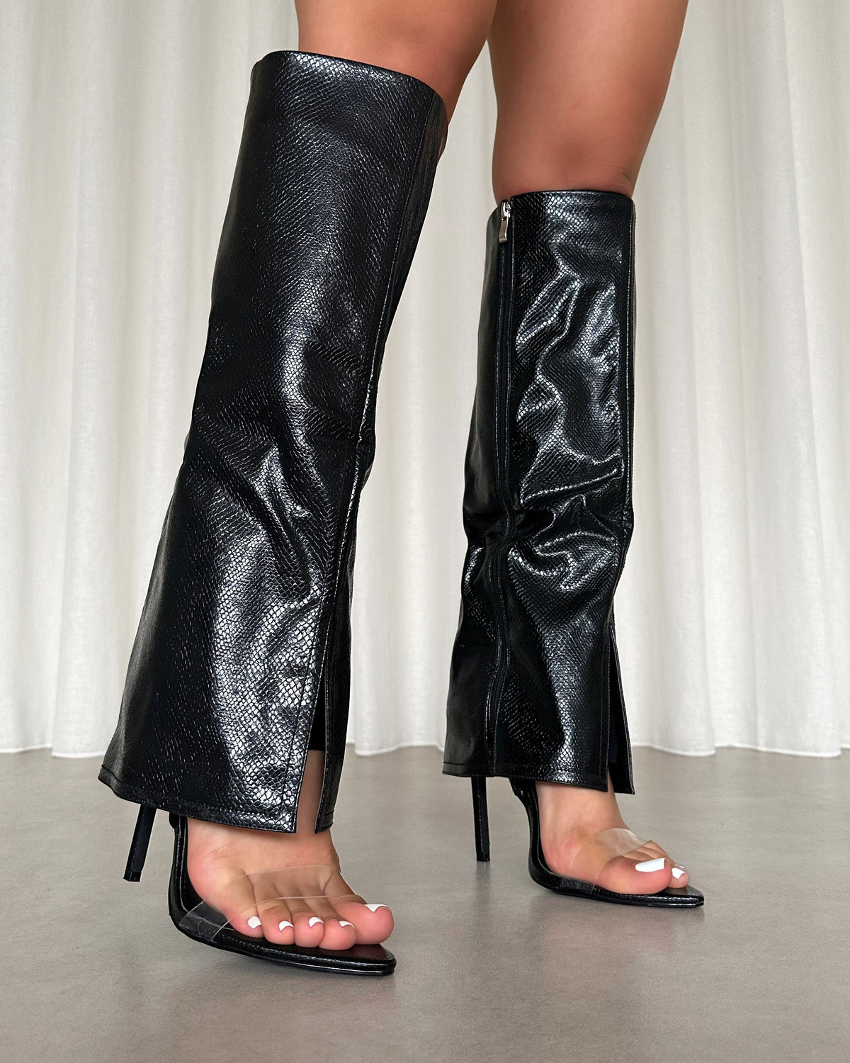 Makita Black Faux Snake Effect Stiletto Heeled Sandals