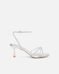 Meesha Silver Mirror Diamante Mid Heel Sandals