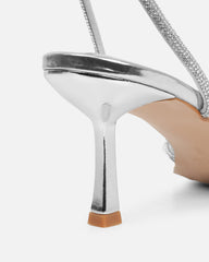 Meesha Silver Mirror Diamante Mid Heel Sandals