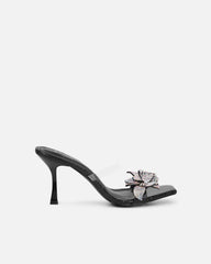 Marcella black snake effect flower detail mid heeled sandals