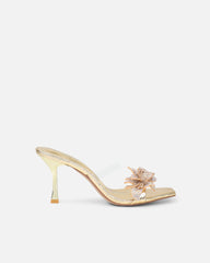 Marcella gold snake effect flower detail mid heeled sandals