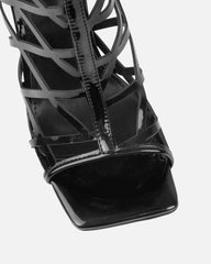 Elsie Black Patent Laser Cut Heeled Sandals