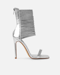 Gracie Silver Mirror Diamante Strappy Heeled Sandals