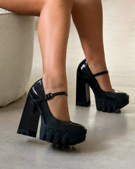 Jorrdana Black Patent Chunky Mary Jane Heels