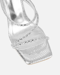 Kaana Silver Snake Effect Diamante Block Heel Sandals