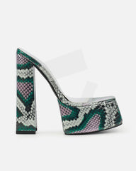 Melodie Green Faux Snake Diamante Platform Sandals